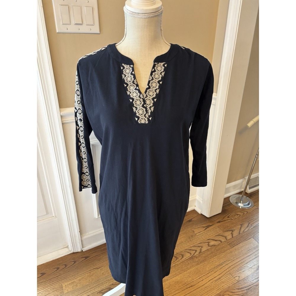 J. Jill Sz S Navy Blue Tunic Shirt Dress 3/4 Sleeve‎ with Pockets Embroidered